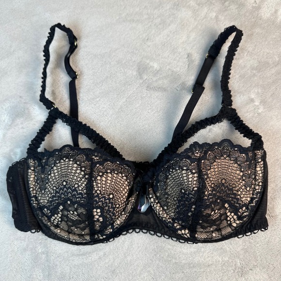 Adore Me Black Lace Kimmy Push Up Balconette Bra 32B Underwire Scalloped Trim - Picture 2 of 7